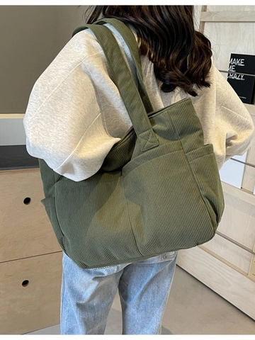 Borsa Tote in Velluto a Coste da Donna Grande Capacità Multitasche Casual Vintage Borsa a Spalla Retro a Righe Borsa da Shopping Pendolare