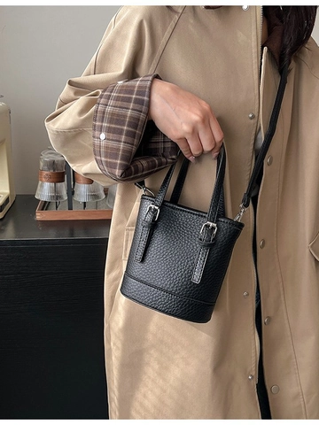 Bolso Cubo Mini de Cuero PU Granulado para Mujer Bolso Bandolera Retro Con Hebilla Plateada Casual Color Sólido