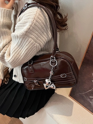 Damen Vintage Glänzende PU-Leder Achseltasche Mode Schleife Schultertasche Mit Metallanhänger Pendeln Vielseitige Kleine Kissentasche
