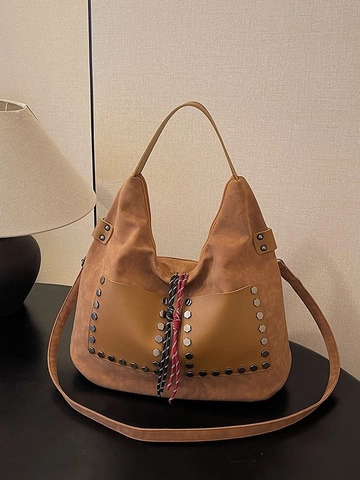 Sac Cabas Vintage en Suédine Grande Capacité pour Femmes Décor Rivets Sac à Bandoulière Hobo Avec Corde à Pompons Quotidien