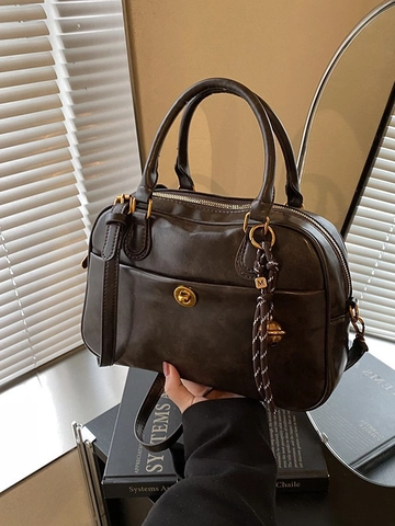Bolso de Almohada Boston de Cuero PU Vintage para Mujer Bolso de Mano de Gran Capacidad con Correa de Hombro Ajustable Herrajes Dorados Bolso de Hombro