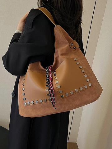 Bolso Tote de Gamuza Sintética Vintage de Gran Capacidad para Mujer Decoración de Remaches Bolso de Hombro Hobo Con Cuerda