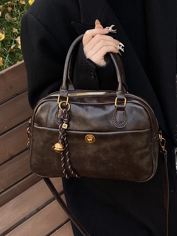 Bolso de Almohada Boston de Cuero PU Vintage para Mujer Bolso de Mano de Gran Capacidad con Correa de Hombro Ajustable Herrajes Dorados Bolso de Hombro