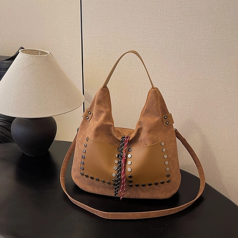 Borsa Hobo in Camoscio da Donna Grande Capacità Tote Vintage Borsa a Tracolla Con Rivetti e Corda Intrecciata Casual