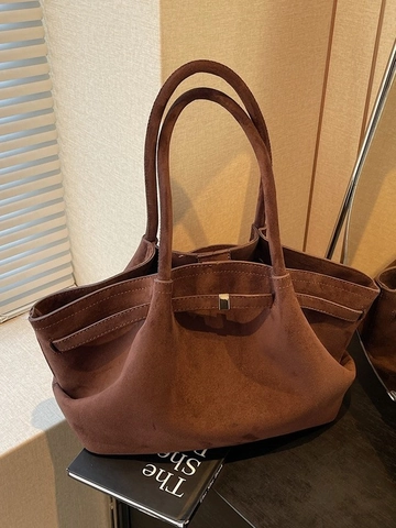 Bolso Tote de Gamuza para Mujer Gran Capacidad Minimalista Vintage Bolso de Hombro Con Hebilla de Metal Color Sólido Moda Mano