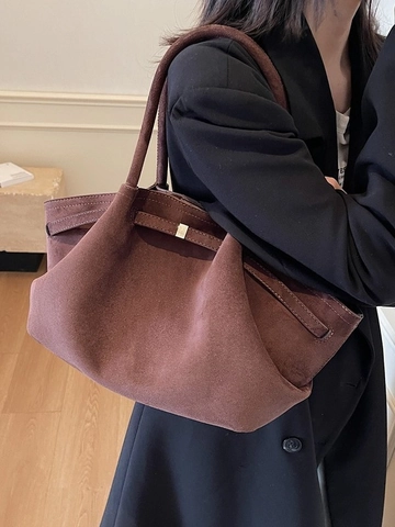 Bolso Tote de Gamuza para Mujer Gran Capacidad Minimalista Vintage Bolso de Hombro Con Hebilla de Metal Color Sólido Moda Mano