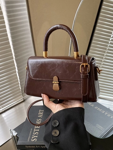 Women Retro PU Leather Small Square Bag Simple Commuter Shoulder Crossbody Handbag With Elegant Metal Lock Buckle