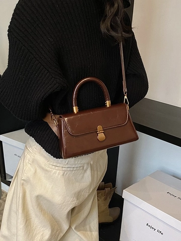 Women Retro PU Leather Small Square Bag Simple Commuter Shoulder Crossbody Handbag With Elegant Metal Lock Buckle