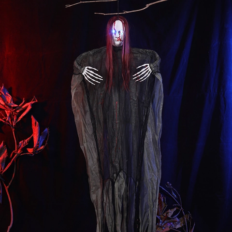 Halloween Horror Hanging Ghost Decoration Glowing Green Eyes Long Red Hair Scary Haunted House Bar Party Prop Plastic Cloth Accessory