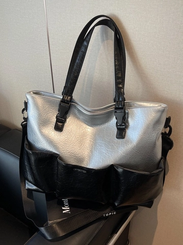 Borsa Tote da Donna Grande Capacità in Pelle PU Argento Metallizzato Texture Crespata Multitasca Borsa a Spalla per Viaggio Quotidiano