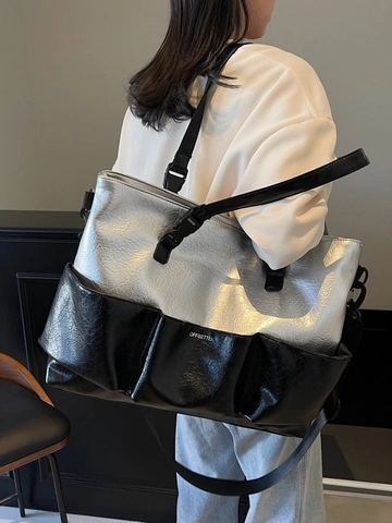 Borsa Tote da Donna Grande Capacità in Pelle PU Argento Metallizzato Texture Crespata Multitasca Borsa a Spalla per Viaggio Quotidiano