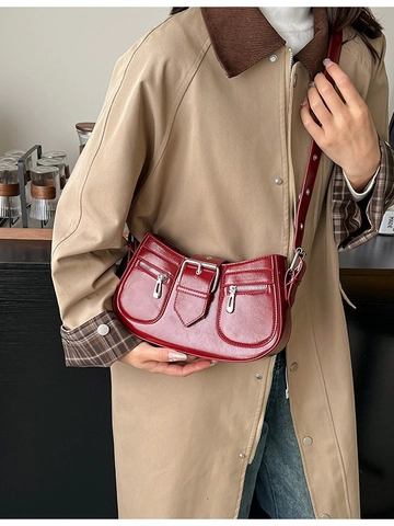 Damen Retro PU Leder Achseltasche Glänzend Sattel Umhängetasche Mit Metallschnalle Doppelreißverschlusstaschen Moto Y2K Geldbörse