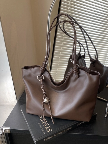 Borsa Tote in Pelle PU di Grande Capacità Minimalista per Donna Borsa a Tracolla con Bordo Ondulato e Ciondolo Intrecciato