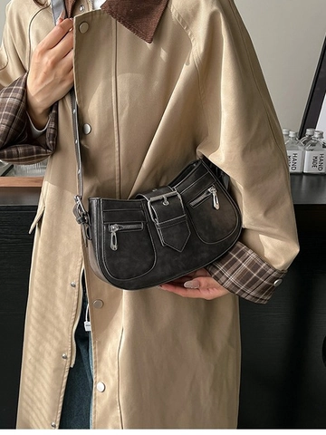 Damen Retro Motorrad PU-Leder Schultertasche Halbmond Unterarm Umhängetasche Mit Großer Metallschnalle Reißverschlusstaschen