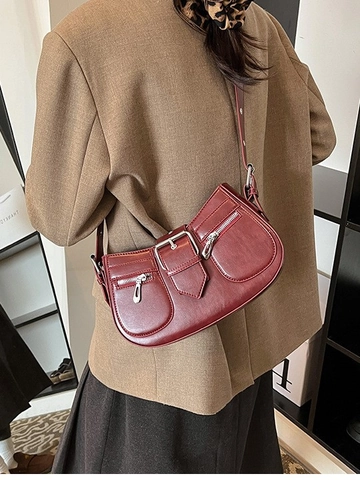 Damen Retro Motorrad PU-Leder Schultertasche Halbmond Unterarm Umhängetasche Mit Großer Metallschnalle Reißverschlusstaschen