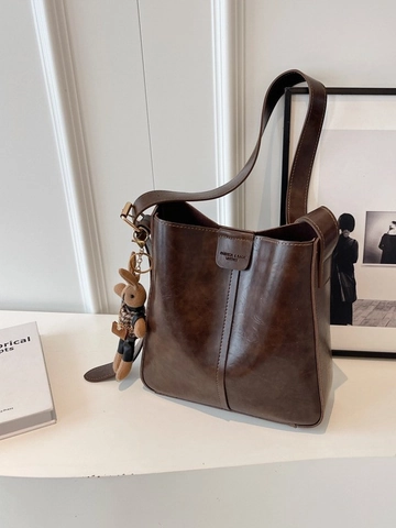 Vintage PU Leder Große Kapazität Eimer Umhängetasche Für Damen Academy Stil Crossbody Tote Bag Mit Hasenanhänger