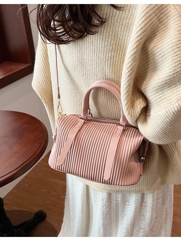 Damen Plissierte PU Leder Boston Umhängetasche Einfarbige Mode Handtasche Mit Abnehmbarem Schultergurt Für Den Alltag