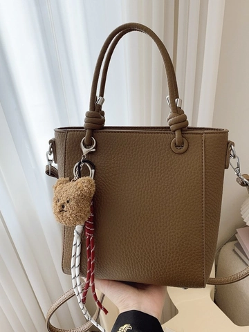 Women Fashion Lychee Grain PU Leather Bucket Bag Casual Tote Crossbody Handbag With Plush Bear Pendant Shoulder Bag