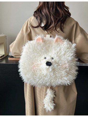 Zaino in Peluche a Forma di Cucciolo per Donne Ragazze Grande Capacità Borsa a Tracolla Morbida Borsa a Spalla Animale Samoiedo Soffice