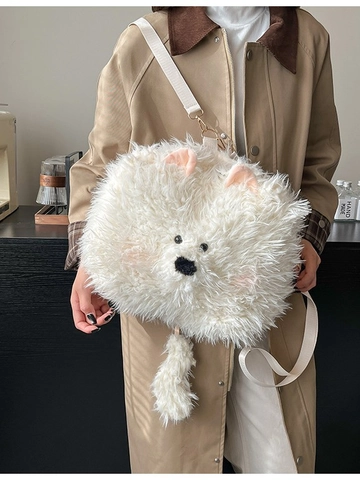 Zaino in Peluche a Forma di Cucciolo per Donne Ragazze Grande Capacità Borsa a Tracolla Morbida Borsa a Spalla Animale Samoiedo Soffice