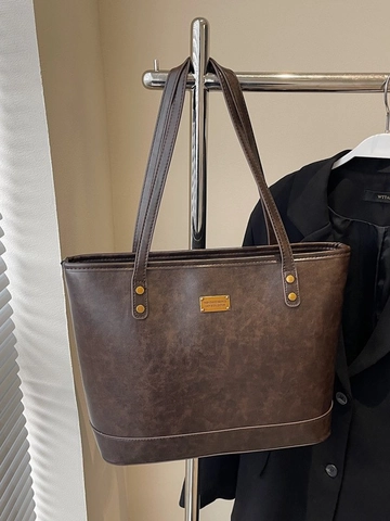 Vintage Large Capacity PU Leather Tote Bag For Women Fashion Retro Commute Shoulder Bag With Zipper Gold Hardware Minimalist Bag