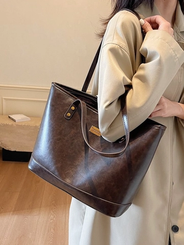 Vintage Large Capacity PU Leather Tote Bag For Women Fashion Retro Commute Shoulder Bag With Zipper Gold Hardware Minimalist Bag