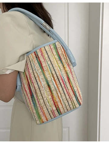 Women Colorful Striped Woven Bucket Bag Summer Beach Tote Handbag Synthetic Leather Handle Large Capacity Shoulder Bag