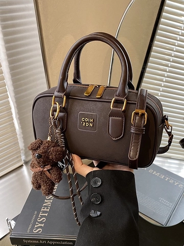 Borsa a Cuscino Boston in Pelle PU Vintage Per Donna Versatile Borsa a Tracolla Con Simpatico Ciondolo a Orsetto