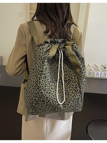 Women Leopard Print Canvas Backpack Large Capacity Drawstring Tote Bag Casual Fashion Commute Versatile Shoulder Bag