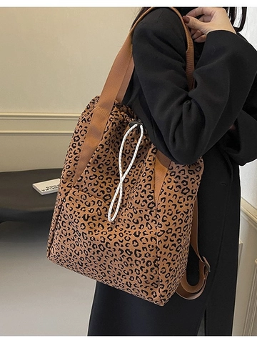 Women Leopard Print Canvas Backpack Large Capacity Drawstring Tote Bag Casual Fashion Commute Versatile Shoulder Bag