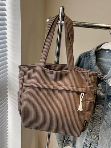 Bolso Tote de Pana de Gran Capacidad para Mujer Bolso de Hombro Vintage Color Sólido Con Borla Bolso de Compras Informal para Diario
