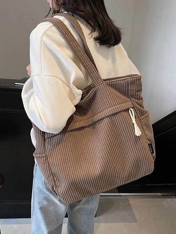 Bolso Tote de Pana de Gran Capacidad para Mujer Bolso de Hombro Vintage Color Sólido Con Borla Bolso de Compras Informal para Diario