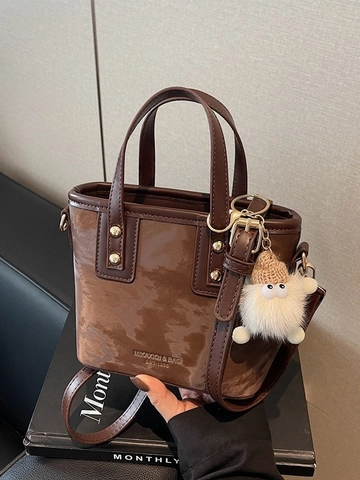 Women Fashion PU Leather Bucket Bag With Cute Monster Charm Marble Texture Crossbody Shoulder Bag Small Handbag For Daily Office Work