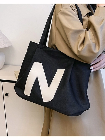 Borsa Tote in Tela da Donna a Grande Capacità Borsa a Tracolla Casual Con Patch Lettera N Handbag per Scuola e Lavoro