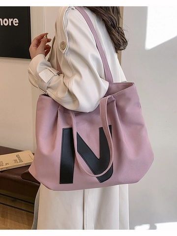 Borsa Tote in Tela da Donna a Grande Capacità Borsa a Tracolla Casual Con Patch Lettera N Handbag per Scuola e Lavoro