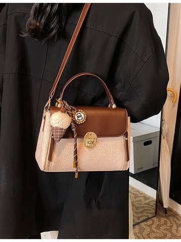 Bolso de Mano de Cuero PU de Color en Contraste Vintage para Mujer Con Colgante de Helado Bolso Bandolera Cuadrado Pequeño