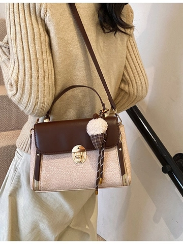 Bolso de Mano de Cuero PU de Color en Contraste Vintage para Mujer Con Colgante de Helado Bolso Bandolera Cuadrado Pequeño