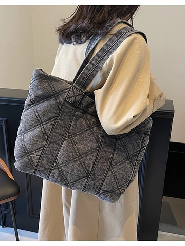 Bolso Tote de Mezclilla Acolchado Vintage Gran Capacidad Patrón de Rombos Bolso de Hombro para Mujer Bolsa de Compras de Mezclilla Lavada con Cremallera