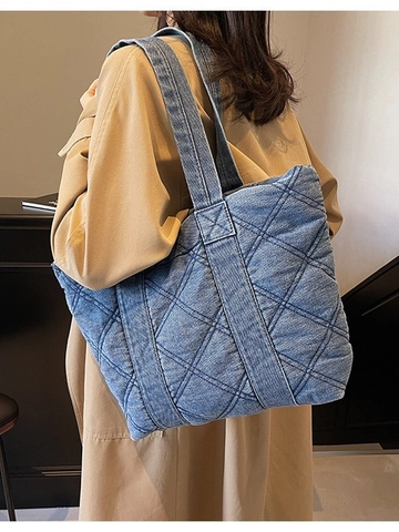 Bolso Tote de Mezclilla Acolchado Vintage Gran Capacidad Patrón de Rombos Bolso de Hombro para Mujer Bolsa de Compras de Mezclilla Lavada con Cremallera