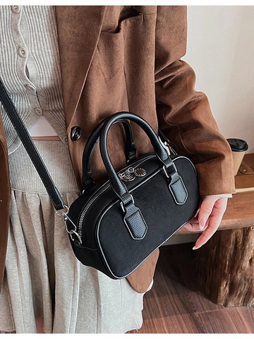 Vintage Wildleder-Gefühl PU-Leder Spleißen Boston Tasche Für Damen Elegante Kissen Schulter Umhängetasche Mit Rundem Anhänger