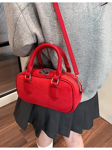Vintage Wildleder-Gefühl PU-Leder Spleißen Boston Tasche Für Damen Elegante Kissen Schulter Umhängetasche Mit Rundem Anhänger