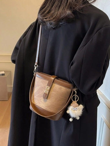 Vintage PU Leather Colorblock Bucket Bag For Women Retro Handbag Crossbody Shoulder Bag With Plush Monster Pendant