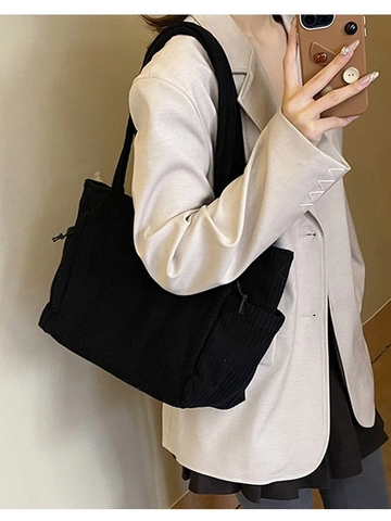 Bolso Tote de Pana Vintage para Mujer de Gran Capacidad Color Sólido Bolso de Hombro Con Bolsillos Laterales Casual Bolso de Mano