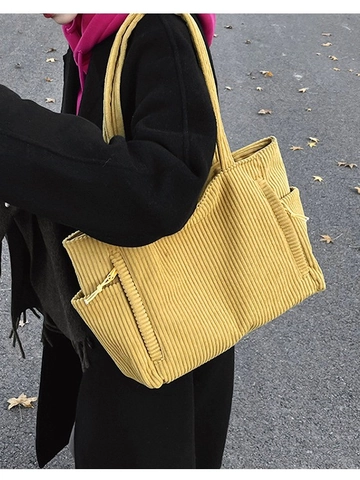 Bolso Tote de Pana Vintage para Mujer de Gran Capacidad Color Sólido Bolso de Hombro Con Bolsillos Laterales Casual Bolso de Mano