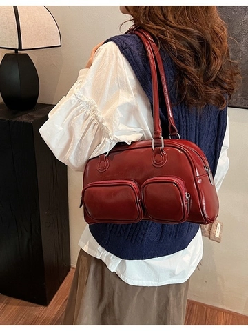 Damen Retro Glänzend PU Leder Bowling Umhängetasche Mode Doppelte Reißverschlusstaschen Vorne Unterarmtasche Pendeln Handtasche