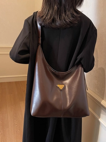 Women Large Capacity PU Leather Hobo Shoulder Bag Vintage Casual Tote Bag With Geometric Metal Decoration For Daily Commute