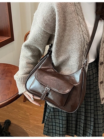 Vintage PU Leather Hobo Underarm Bag For Women Large Capacity Shoulder Crossbody Bag With Flap Pocket Adjustable Strap