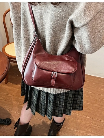 Vintage PU Leather Hobo Underarm Bag For Women Large Capacity Shoulder Crossbody Bag With Flap Pocket Adjustable Strap