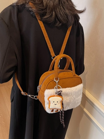 Borsa a Tracolla da Donna Mini Peluche Splicing Invernale Borsa a Mano in Finta Pelle Scamosciata Con Ciondolo a Forma di Toast Carino