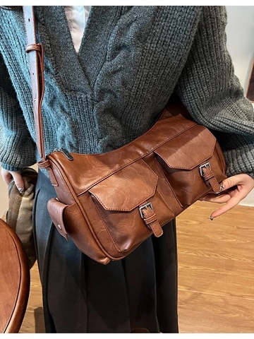 Sac Bandoulière en Cuir PU Grande Capacité Avec Multi Poches Pour Femmes Sac à Épaule Décontracté Vintage Avec Bandoulière Réglable
